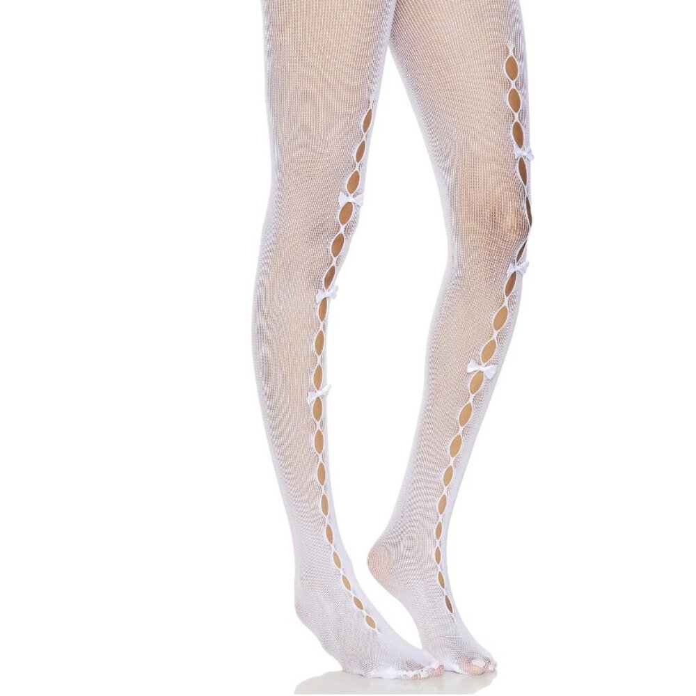 Stems Cut Out Mesh Tights Bow Tie White ( O/S )
